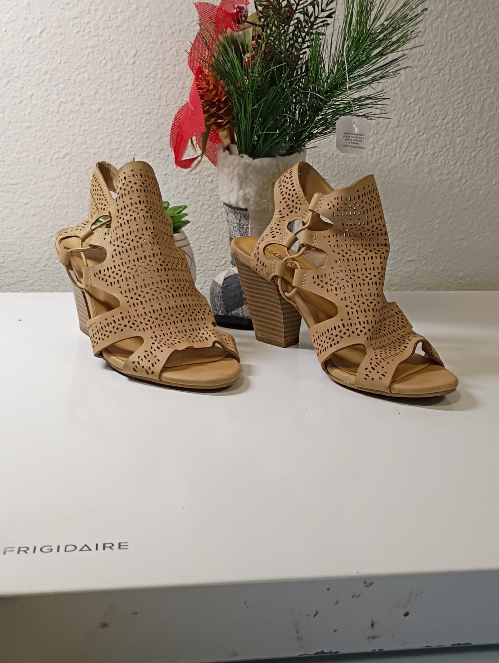 Tan Laser-Cut Block Heel Sandals with Side Tie